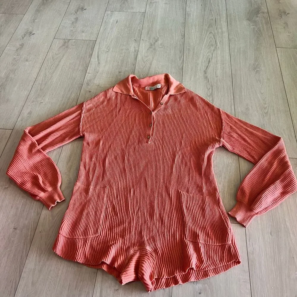 Free People Coral Ribbed Long Sleeve Romper
